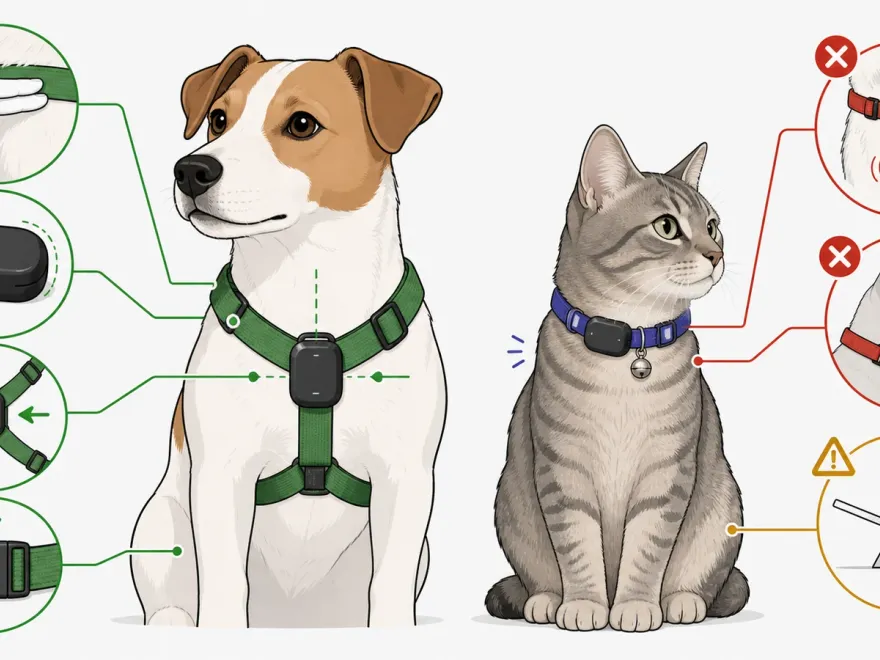 Korrekte und fehlerhafte Tracker-Befestigung bei Hund und Katze