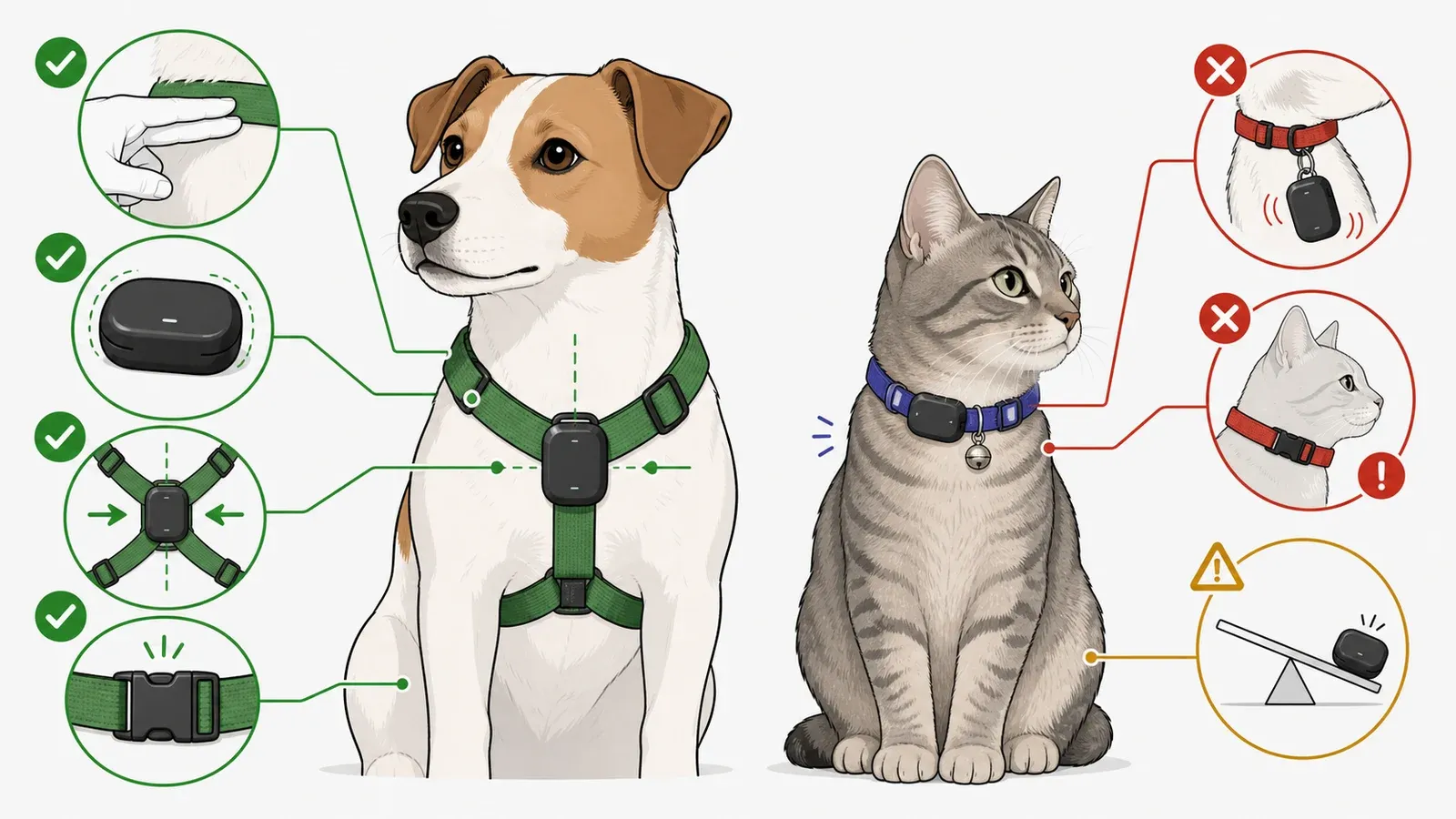Sichere körpernahe Befestigung und typische Risiken wie Pendeln oder ein ungeeignetes Katzenhalsband.