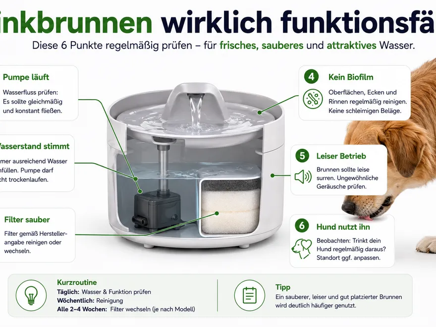 Hund prüft einen Trinkbrunnen mit breiter Trinkfläche