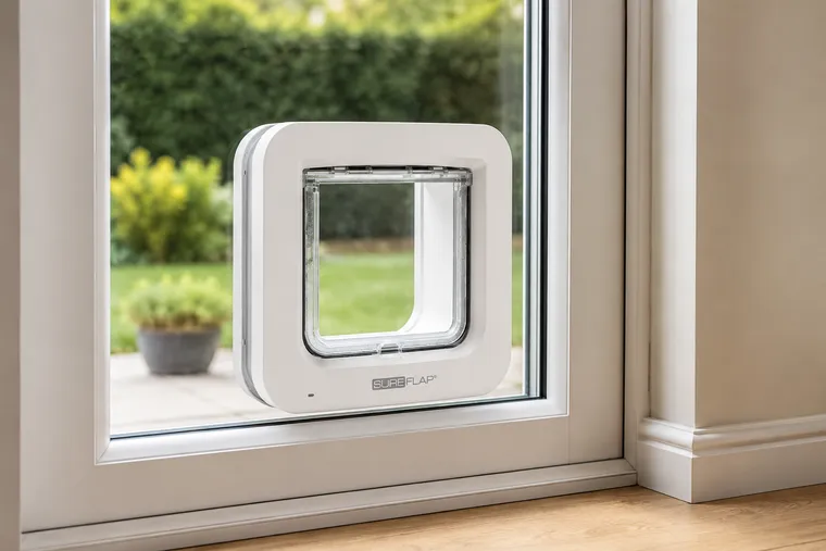 SureFlap Mikrochip Katzenklappe Connect eingebaut in einer Terrassentür