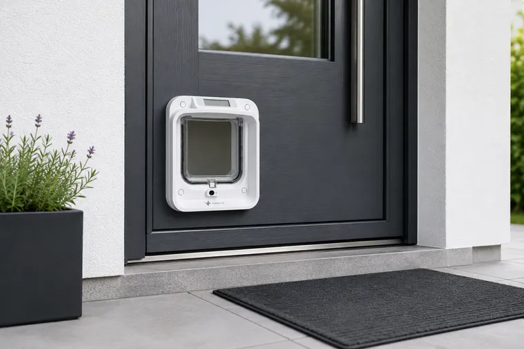 OnlyCat Mikrochip Katzenklappe eingebaut in eine moderne Haustür