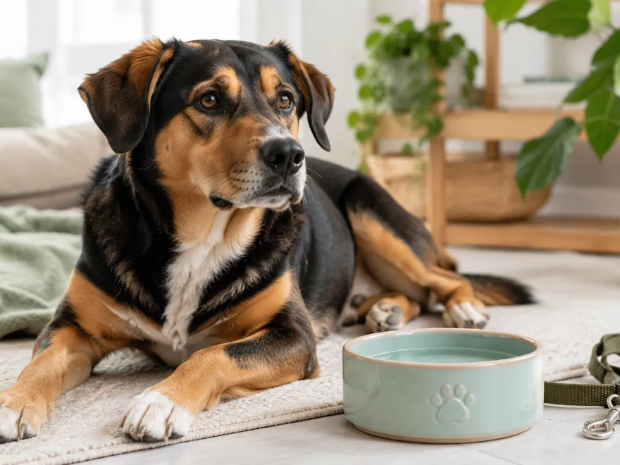 Ruhender Hund, während Wachheit, Atmung, Bewegung und weitere Warnzeichen beurteilt werden.