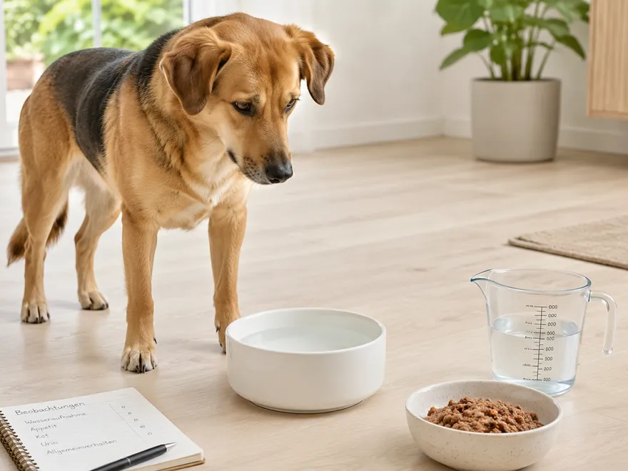 Hund neben einem Wassernapf, während Trinkmenge, Zahnfleisch, Futter und Urin kontrolliert werden.