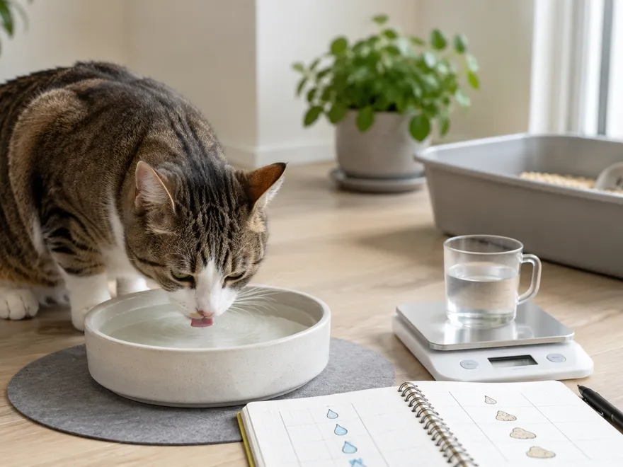 Katze an einer Wasserstelle mit daneben dokumentierten Trinkmengen und Urinklumpen.