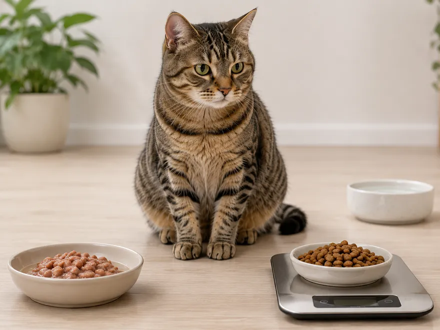Katze zwischen einer Portion Nassfutter und einer abgewogenen Portion Trockenfutter.