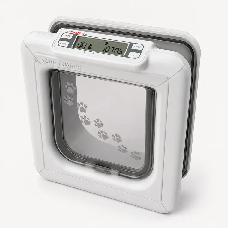 Cat Mate Elite 355W Mikrochip-Katzenklappe mit Timer in redaktioneller Produktdarstellung