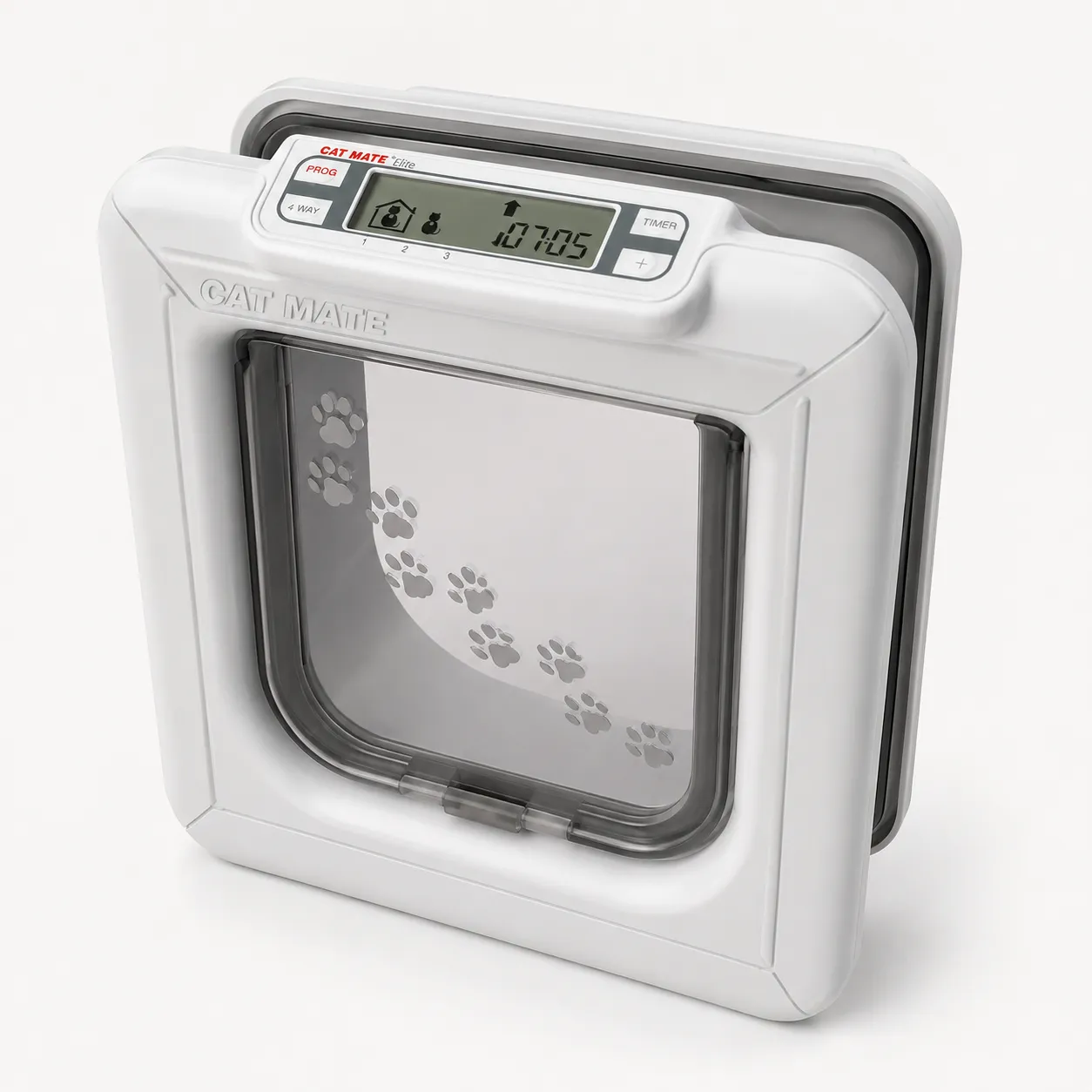 Cat Mate Elite 355W Mikrochip-Katzenklappe mit Timer in redaktioneller Produktdarstellung