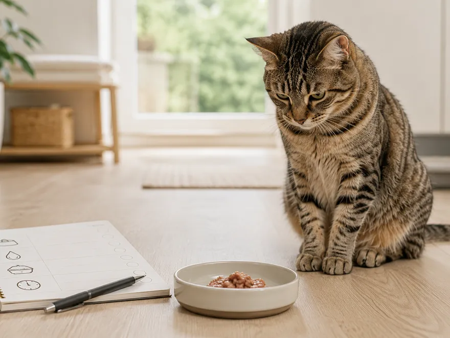 Katze vor einem unberührten Futternapf, während Futtermenge, Verhalten und Warnzeichen kontrolliert werden.