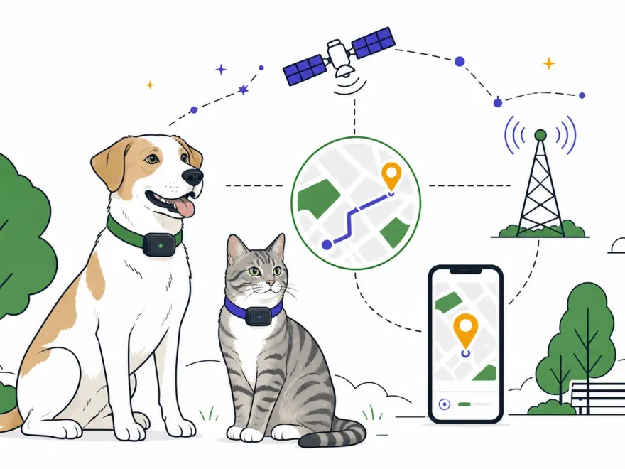 Hund und Katze mit generischen GPS-Trackern zwischen Satelliten, Mobilfunk und Smartphone-Karte