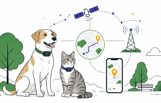 Hund und Katze mit generischen GPS-Trackern zwischen Satelliten, Mobilfunk und Smartphone-Karte
