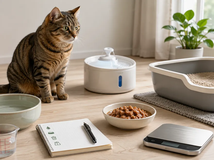 Katze neben mehreren Wasserstellen, während Trinkmenge, Futter und Katzenklo beobachtet werden.
