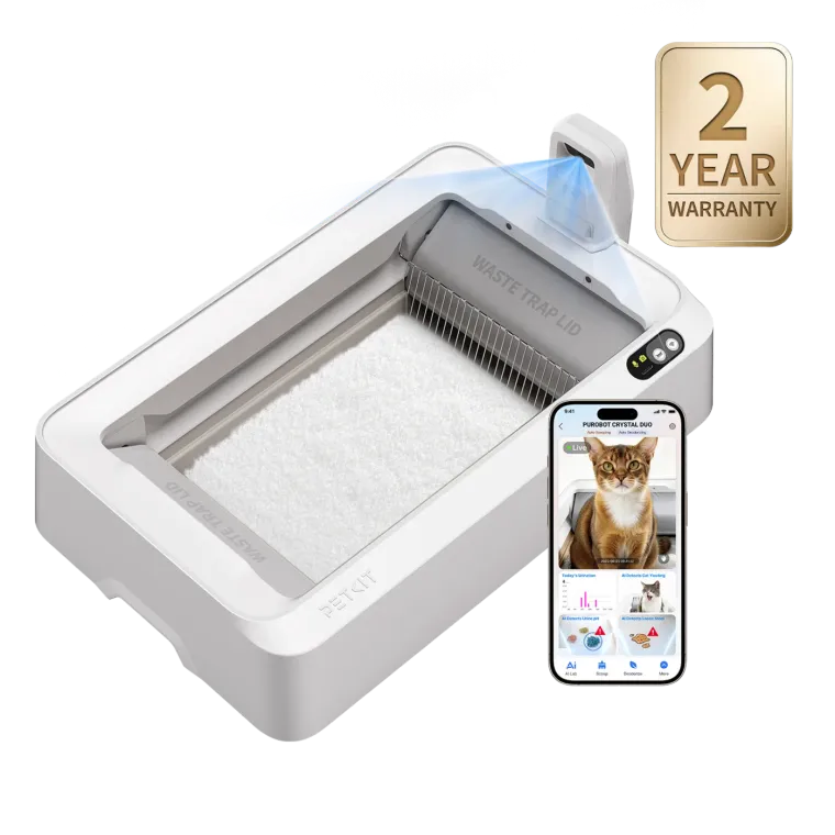 PETKIT PUROBOT CRYSTAL DUO mit offener Schale und App-Ansicht