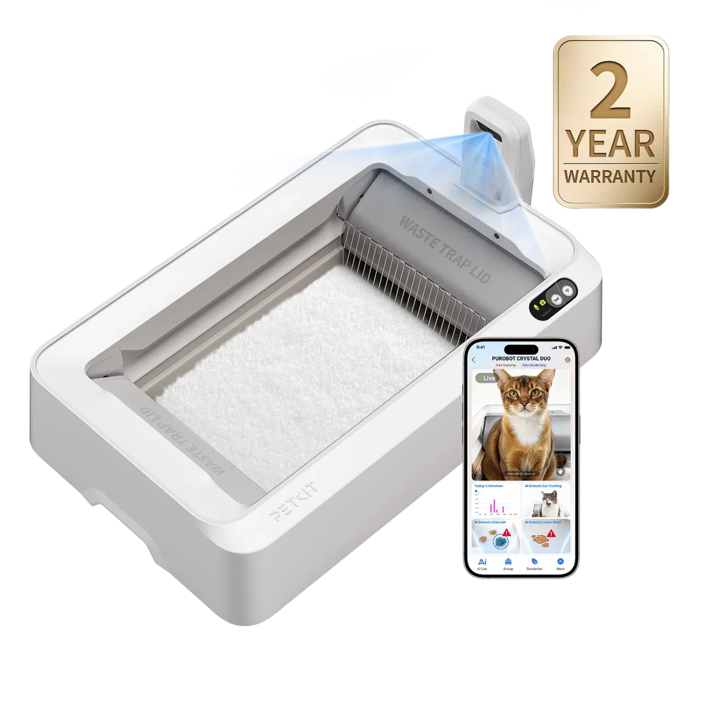PETKIT PUROBOT CRYSTAL DUO mit offener Schale und App-Ansicht