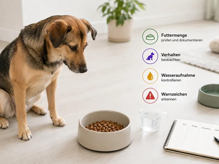 Hund vor einem unberührten Futternapf, während Futtermenge, Verhalten und Warnzeichen beurteilt werden.