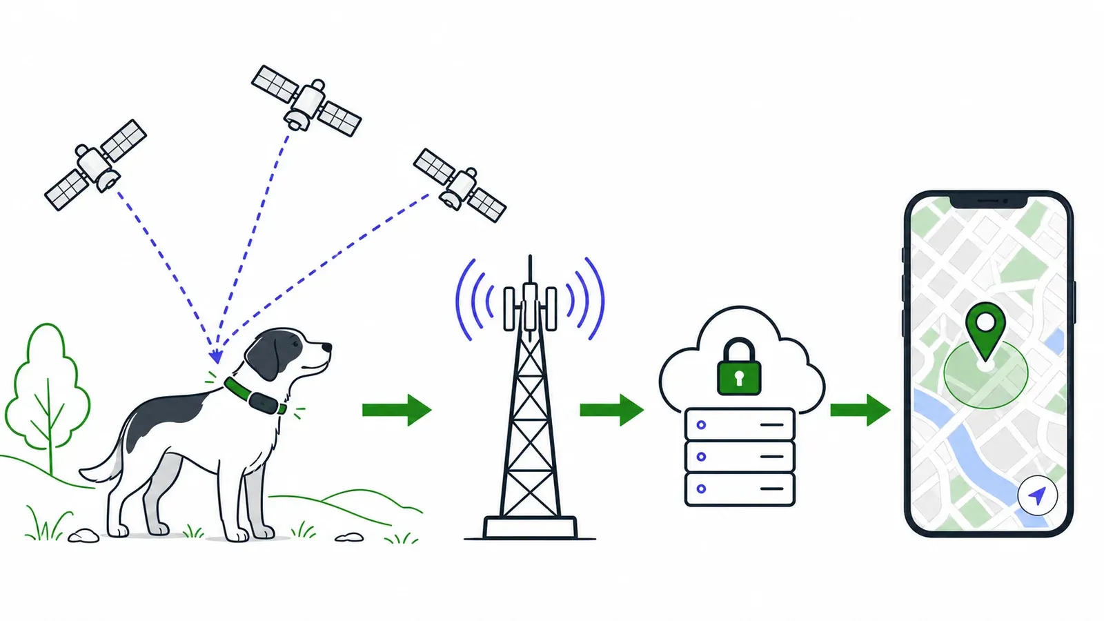 Tracker empfängt Satellitensignale und sendet die berechnete Position über Mobilfunk und Server zur App.