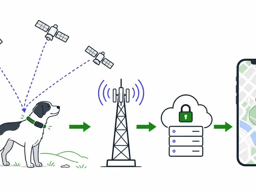 Datenkette eines Haustiertrackers von Satelliten über Mobilfunk und Server zur App