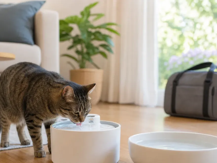 Katze am Trinkbrunnen mit zusätzlichem Wassernapf als Absicherung