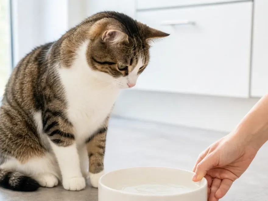 Katze neben einem frisch befüllten breiten Wassernapf