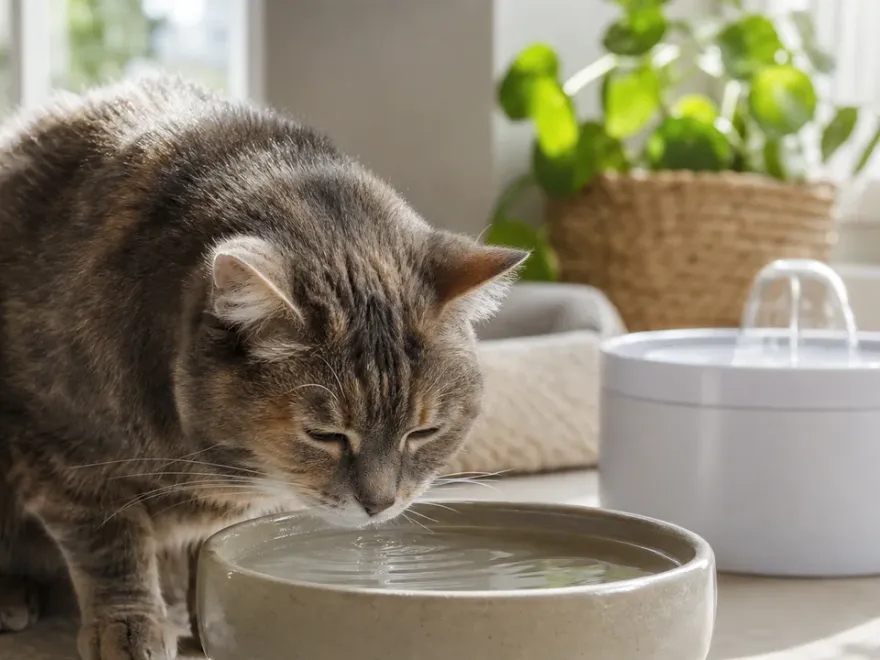 Ältere Katze trinkt aus einem breiten gut erreichbaren Wassernapf