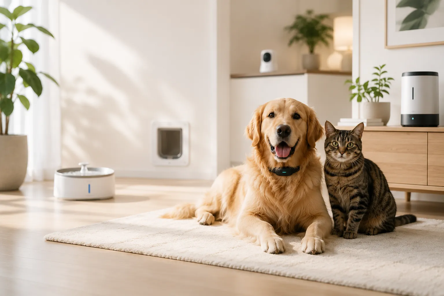 Katze und Hund in einem hellen Zuhause neben einem Futterautomaten und einem Trinkbrunnen