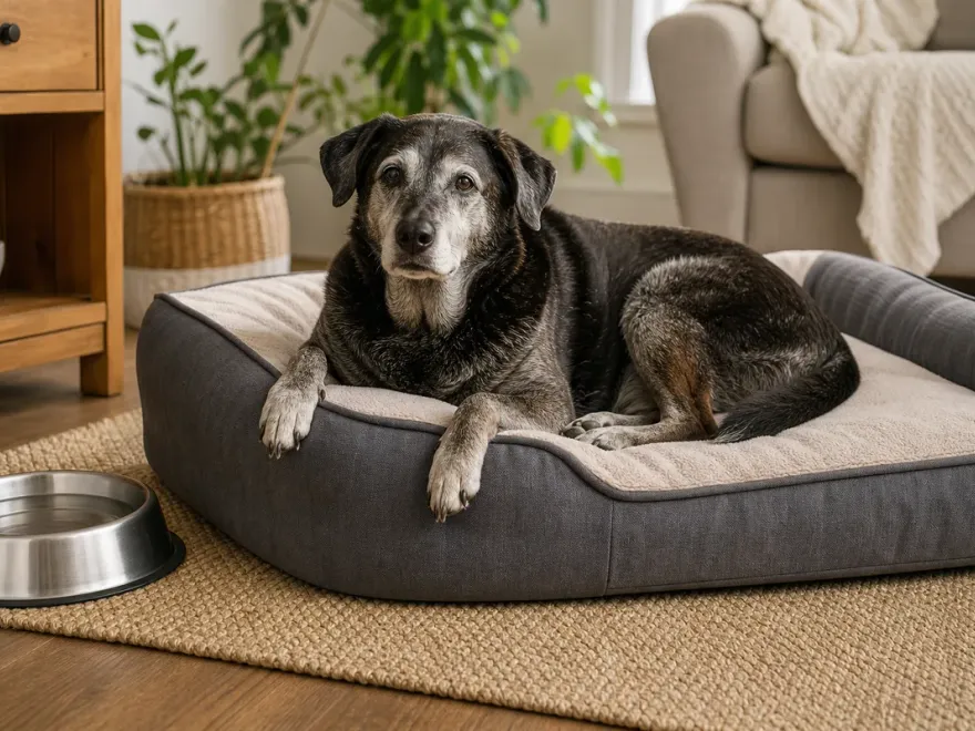 Älterer Hund ruht entspannt in einem seniorengerecht eingerichteten Zuhause