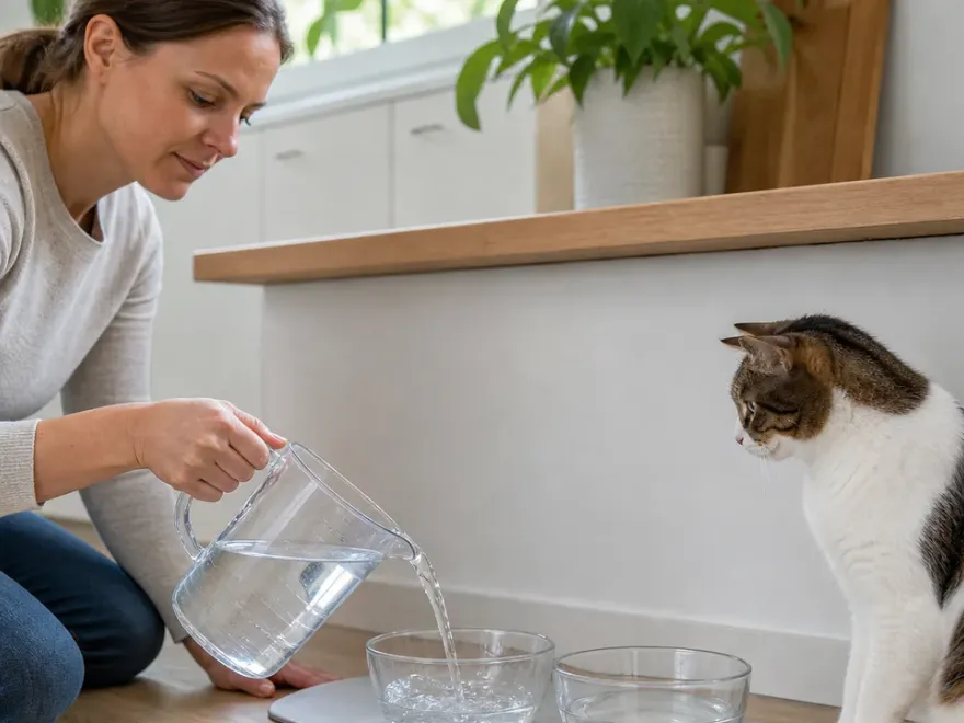 Wasser wird mit einem Messbecher für eine Katze portioniert